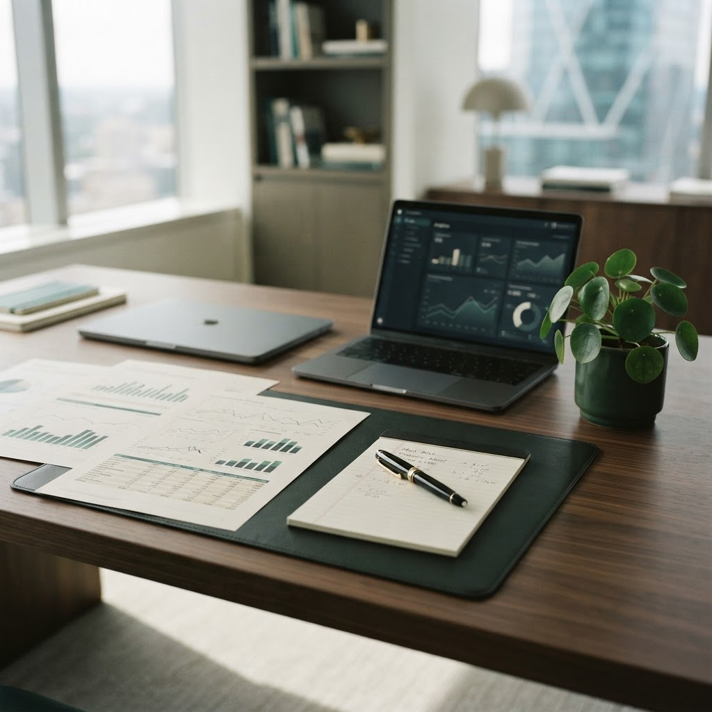 Financial reports and investment analytics on a desk
